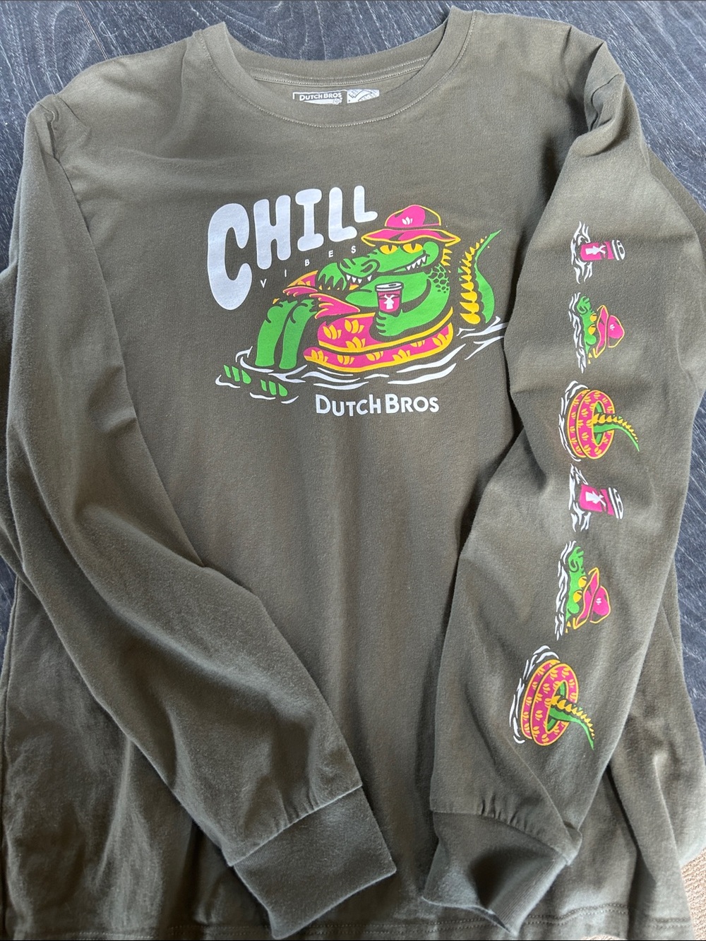 Dutch Bros unisex Chill Vibes' Olive Green Graphic Long Sleeve Tee